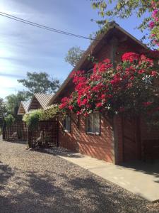 a house with red flowers on the side of it at Pousada Tarumã challes 3 in Bonito