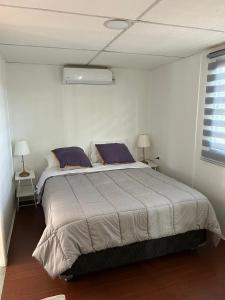 a bedroom with a large bed with blue pillows at Depto Independiente Mostazal in La Punta