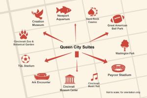 a map of the current city sites at Queen City Suites 1 - For 3 in Cincinnati