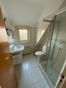 ein Badezimmer mit Dusche, Toilette und Waschbecken in der Unterkunft 80 mq Gemütliche Wohnung in Wedel
