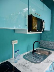 Una encimera de cocina con fregadero y microondas. en La Galante, studio proche plage privée, en Grand-Bourg