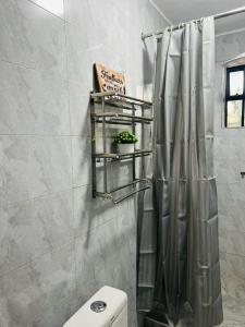 a bathroom with a shower curtain and a toilet at R&R -Weber One bedroom Naivasha, Old Naivasha Moi South lake road in Naivasha