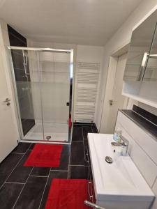 a bathroom with a sink and a shower with red rugs at Ferienwohnungen Calwer Höfle Marktplatz in Calw