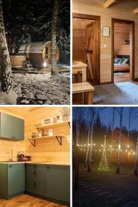 a collage of pictures of a cabin with a tree at Polana Świerkowa in Okuninka