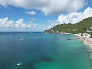a view of a beach with boats in the water at Appartement 2 chambres sur la plage de grand case in Grand Case