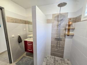 un baño con ducha y lavabo en Chez Patricia - vue panoramique au Carbet, en Le Carbet 49 fotos más
