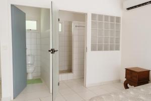 a white bathroom with a toilet and a shower at Hotel Albatros Wallis 