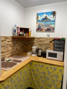 a kitchen counter with a microwave and a sink at HeiHana House in Irioa