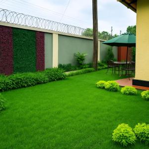 a green yard with a wall covered in plants at Changamwe accomodations in Mombasa