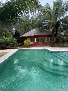 a swimming pool in front of a house with palm trees at Abené shuDyma lodge in Abene