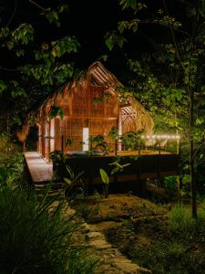 a thatch roof hut in a forest at night at Sandagua hotel in Puerto Triunfo