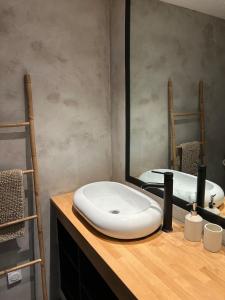 a bathroom with a white sink and a mirror at Le Petit Bourcain in Bourg-lès-Valence