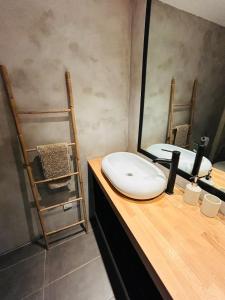 a bathroom with a white sink and a mirror at Le Petit Bourcain in Bourg-lès-Valence