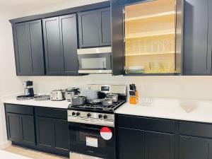 a kitchen with black cabinets and a stove top oven at The Evergreen Escape in Rosenberg