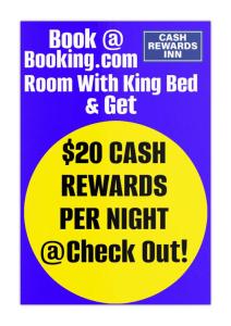 Un cartel que dice Habitación con cama king y obtén recompensas en efectivo por noche. en CASH REWARDS INN & SUITEs, en Roswell
