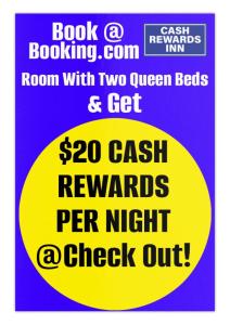 Un cartel que dice habitación con dos camas queen y obtén recompensas en efectivo por noche. en CASH REWARDS INN & SUITEs, en Roswell