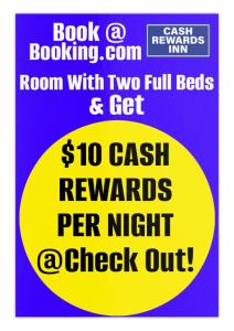 Un cartel que dice habitación con dos camas matrimoniales y obtén recompensas en efectivo por noche. en CASH REWARDS INN & SUITEs, en Roswell