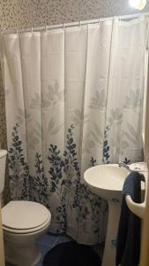 a bathroom with a shower curtain with a toilet and a sink at Vista al mar in Mar del Plata
