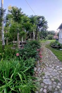 a garden with plants and a stone path at Stara Szkoła S7 Noclegi Mazury, Zajezierze 8 14-330 Małdyty in Małdyty