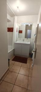 a bathroom with a tub and a sink and a mirror at Appartement face à la Gare in Annemasse +9 photos