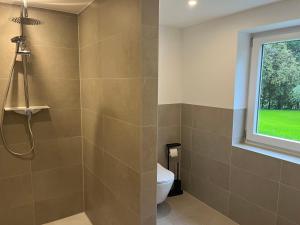 a bathroom with a toilet and a window at 4-Steine-Blick, Wohnung 1 in Schöna +2 photos