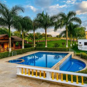 a swimming pool with palm trees in the background at Hotel Casa Confort in Santa Rosa de Cabal