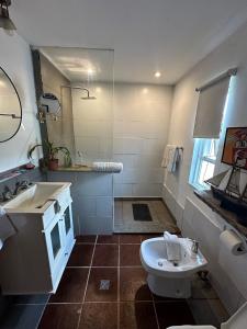 a bathroom with a sink and a toilet at Cabaña los Robles in Gowland