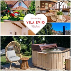 a collage of pictures of a garden with a hot tub at Vila EVIO Třeboň in Třeboň
