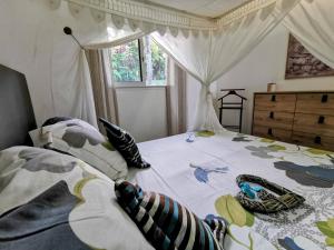 ein Schlafzimmer mit einem Bett mit Baldachin und Kissen in der Unterkunft Le Colibri d'isa in Capesterre-Belle-Eau + 88 Fotos