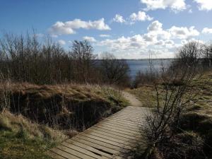 a wooden path leading to a body of water at 6 person holiday home in Juelsminde-By Traum in Sønderby