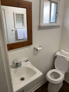 a bathroom with a sink and a toilet and a mirror at Tacoma Center Motel in Tacoma +35 photos
