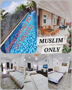un collage de photos d'une chambre d'hôtel avec une piscine dans l'établissement Lovely Cottage PD Staycation, à Port Dickson