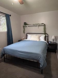 a bedroom with a bed with blue sheets and a window at Sunny Days! Room for All and Pet Friendly in Pocatello