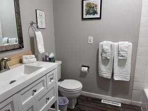 a bathroom with a sink and a toilet and towels at Sunny Days in Pocatello +45 photos