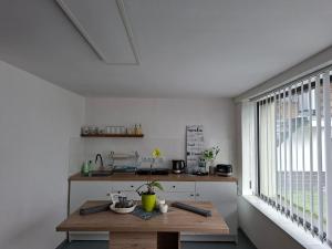 a kitchen with a wooden table and a window at Ferienwohnung Waldblick in Deutschneudorf