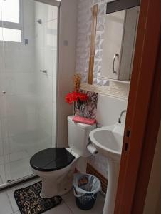 een badkamer met een toilet, een wastafel en een douche bij Doce lar in Montes Claros