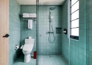 a bathroom with a toilet and a shower at Rodona Hotel in Mexico City