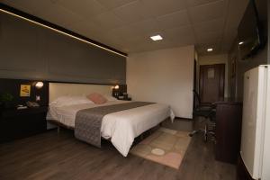 - une chambre avec un lit, un bureau et un réfrigérateur dans l'établissement Hotel Italia - Tranvia Directo Centro & Aeropuerto - Negocios, Familias & Turistas, à Cuenca