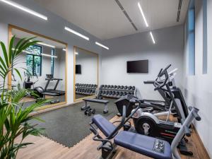 a gym with treadmills and elliptical machines in a room at Tbilisi Philharmonic Hotel by Mercure in Tbilisi City