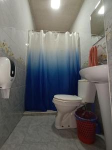a bathroom with a toilet and a blue shower curtain at Caravan Hostel in Tashkent International Airport +57 photos
