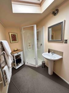 Hawkshead Boutique Studio & Gardens في ماكارورا: حمام مزود بدش ومغسلة