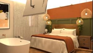 a bedroom with a tub and a bed and a bath tub at Pousada Grão & Vinha in Espirito Santo Do Pinhal +3 photos