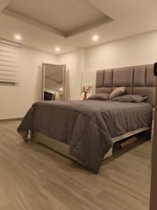 Un dormitorio con una cama grande y un espejo. en Penthouse with Jacuzzi in Guarne, en Guarne