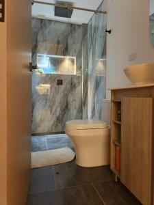 Un baño con ducha, inodoro y lavabo. en Penthouse with Jacuzzi in Guarne, en Guarne