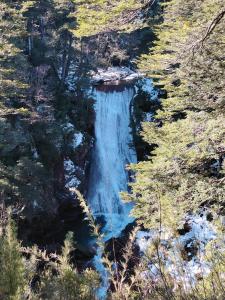 an aerial view of a waterfall in a forest at Cabañas Del Monte 3 in Melipeuco