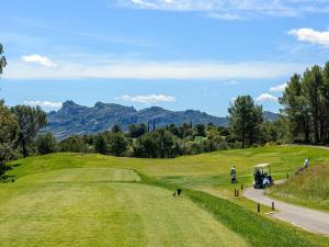 a man driving a golf cart on a golf course at Holiday flats at Domaine de Saint-Endréol with golf, SPA and pool in La Motte