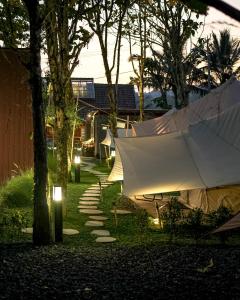 a garden with a white umbrella and some trees at PukuPods - Tent & Cabin in Tabanan