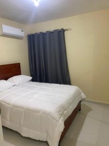 a bedroom with a bed with a blue curtain at Urban charm in Santo Domingo