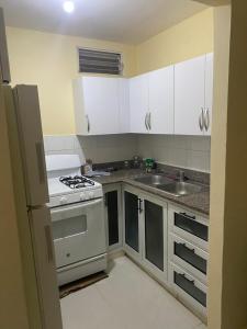 a kitchen with white cabinets and a stove and a sink at Urban charm in Santo Domingo