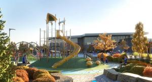 a playground with a slide in front of a building at Luxury Haven by Kc & Flo in YYC